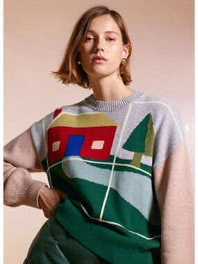 Staud Cabin Intarsia Sweater Home and Green Tree size XL Cabincore Grandpa